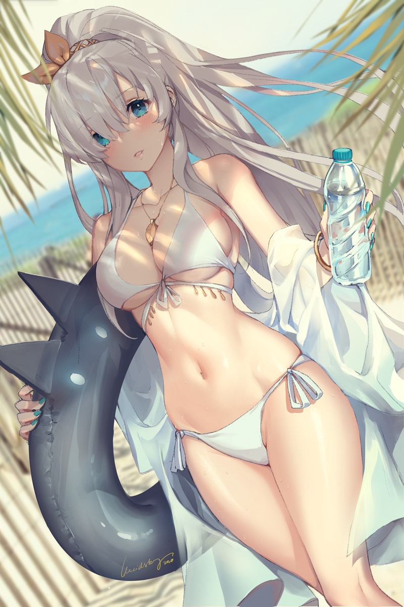 1girl 2020 anastasia_(fate/grand_order) aqua_eyes aqua_nails bangs bare_shoulders bikini blurry blurry_background blush bottle breasts cleavage collarbone day english_commentary eyebrows_visible_through_hair fate/grand_order fate_(series) fence flower foreshortening groin hair_flower hair_ornament high_ponytail highres holding holding_innertube horizon innertube jewelry large_breasts light_smile long_hair looking_at_viewer lucidsky navel ocean outdoors parted_lips side-tie_bikini signature skindentation solo standing swimsuit thighs tree_branch underboob water water_bottle wet white_bikini white_hair