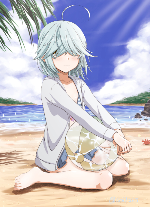 1girl ahoge ball barefoot beach beachball bikini bikini_skirt blue_bikini blue_sky braid brown_eyes cloud day flat_chest full_body grey_hair hair_over_eyes hamanami_(kantai_collection) island jacket kantai_collection long_hair looking_at_viewer ocean outdoors palm_leaf pleated_skirt sitting skirt sky soil_7yi2i2s solo striped striped_bikini swimsuit swimsuit_under_clothes wariza white_jacket