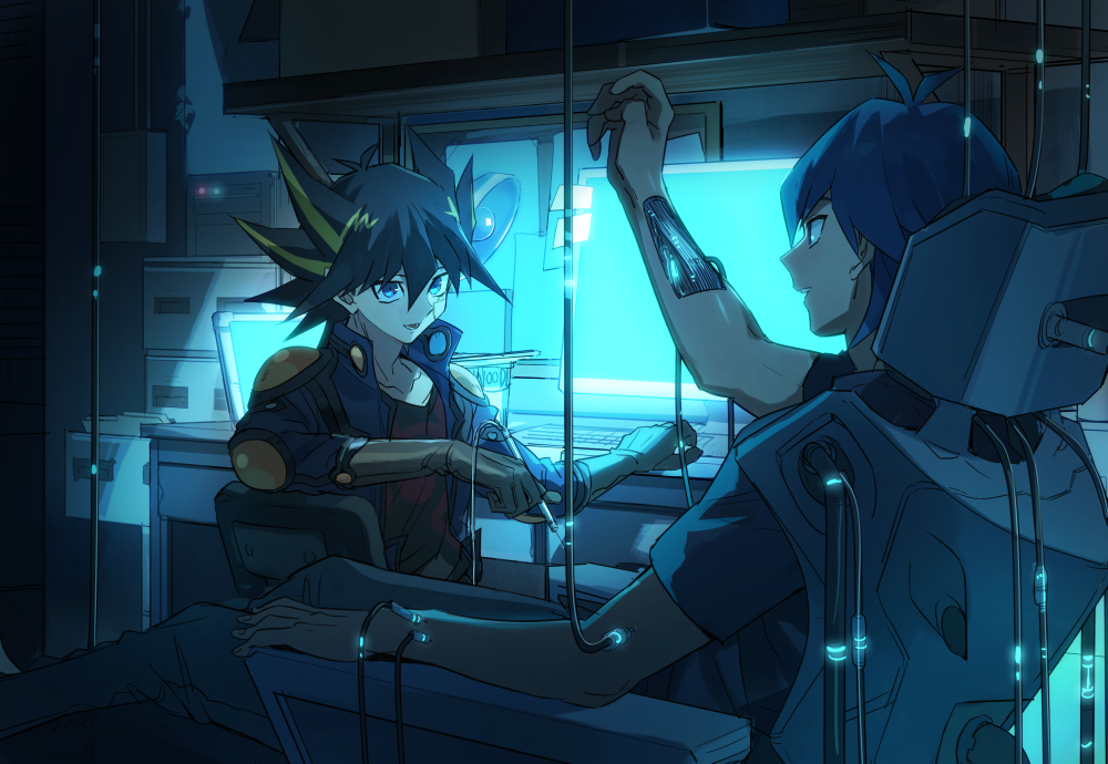 2boys :d bangs black_hair black_shirt blue_eyes blue_hair blue_jacket brown_gloves bruno_(yuu-gi-ou_5d's) computer elbow_gloves fudou_yuusei gloves hair_between_eyes highlights indoors jacket male_focus monitor multicolored_hair multiple_boys open_clothes open_jacket open_mouth shirt smile spiked_hair torinomaruyaki yuu-gi-ou yuu-gi-ou_5d's
