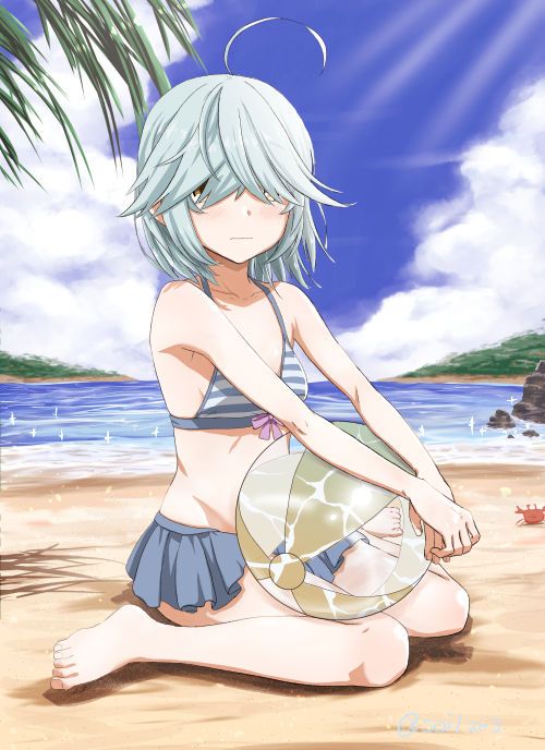 1girl ahoge ball barefoot beach beachball bikini bikini_skirt blue_bikini blue_sky brown_eyes cloud day flat_chest full_body grey_hair hair_over_eyes hamanami_(kantai_collection) island kantai_collection long_hair looking_at_viewer ocean outdoors palm_leaf pleated_skirt ribbon short_hair sitting skirt sky soil_7yi2i2s solo striped striped_bikini swimsuit wariza