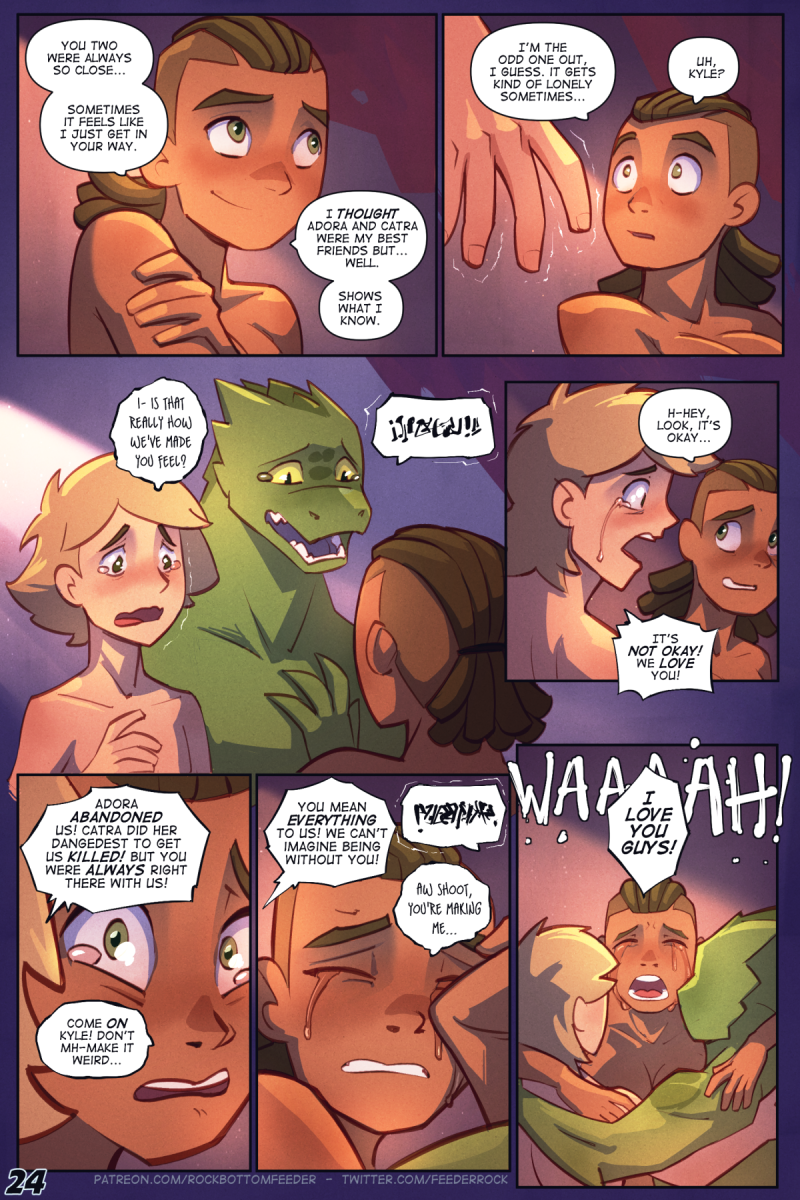 2:3 anthro blonde_hair blush bodily_fluids comic crying dialogue english_text female green_body green_eyes green_scales group group_hug hair hi_res hug human kyle_(she-ra) lizard lonnie_(she-ra) male mammal masters_of_the_universe mattel netflix reptile rockbottomfeeder rogelio scales scalie she-ra_and_the_princesses_of_power tears text yellow_sclera