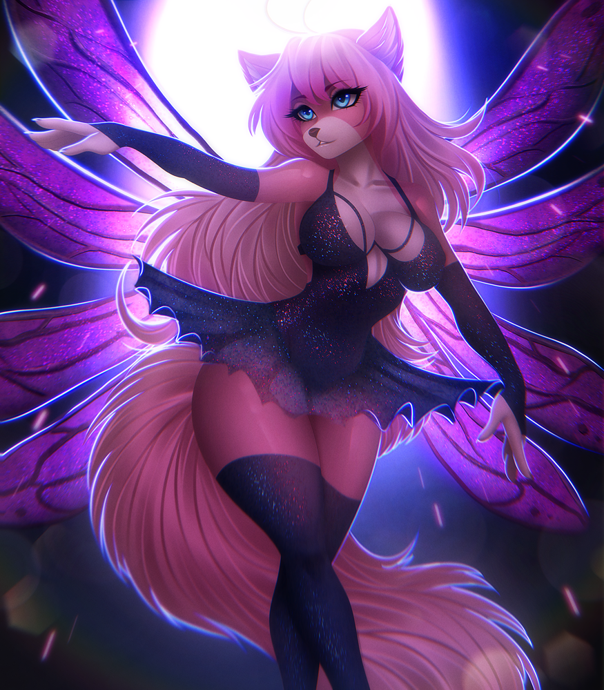 adorableinall ahoge anthro blue_eyes breasts canid canine canis clothed clothing digital_media_(artwork) eyelashes female fingers fur hair mammal mariah_veiethe nails smile solo wings wolf