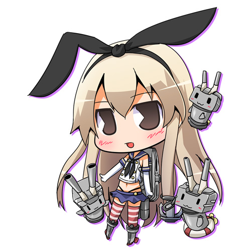 1girl 3others anchor_hair_ornament black_hairband black_neckwear black_panties blonde_hair blue_sailor_collar blue_skirt chibi commentary_request crop_top elbow_gloves full_body gloves grey_eyes hair_ornament hairband highleg highleg_panties kantai_collection long_hair looking_at_viewer lowres machinery microskirt miniskirt multiple_others neckerchief pac-man_eyes panties pleated_skirt rensouhou-chan sailor_collar shimakaze_(kantai_collection) simple_background skirt striped striped_legwear suntail thighhighs underwear white_background white_gloves