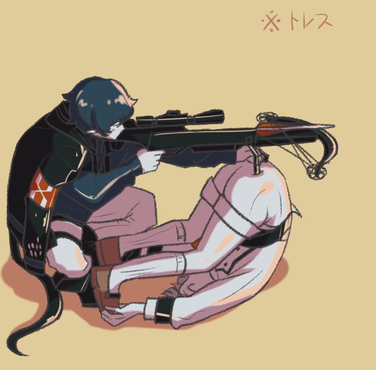 2boys aiming arknights armband blue_hair bolt bow_(weapon) crossbow faust_(arknights) grip mephisto_(arknights) multiple_boys natsutrauma reunion_logo_(arknights) scope shorts socks tail upside-down weapon white_hair