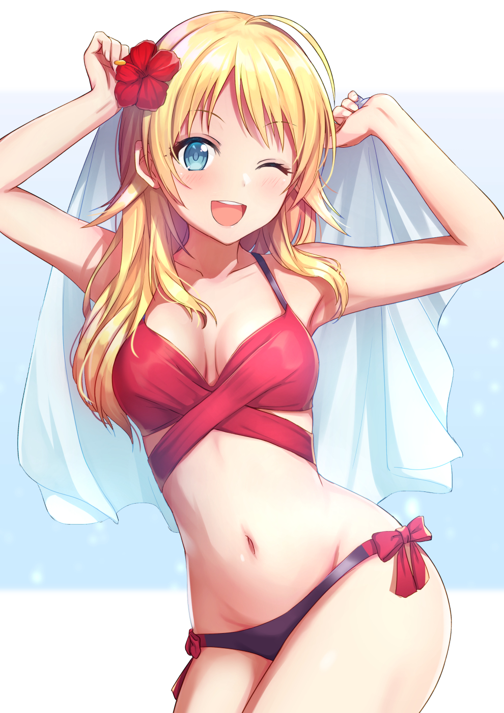 1girl ;d ahoge alisia0812 armpits arms_up bangs bikini blonde_hair blue_eyes blush bow breasts cleavage collarbone commentary_request cowboy_shot eyebrows_visible_through_hair flower hachimiya_meguru hair_flower hair_ornament hibiscus highres holding idolmaster idolmaster_shiny_colors long_hair looking_at_viewer medium_breasts mismatched_bikini navel one_eye_closed open_mouth red_bow red_flower side-tie_bikini smile solo stomach swimsuit thighs two-tone_background upper_teeth