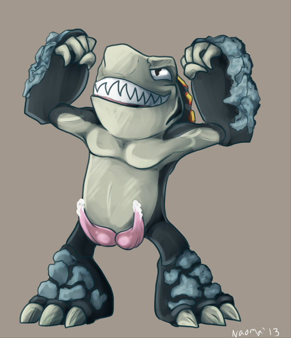 activision animal_genitalia animal_penis anthro bodily_fluids claws cum dirt_shark exposed genital_fluids genitals grey_background grin hemipenes male marine multi_genitalia multi_penis naoma-hiru penis precum shark_tooth simple_background skylanders smile solo teeth terrafin video_games