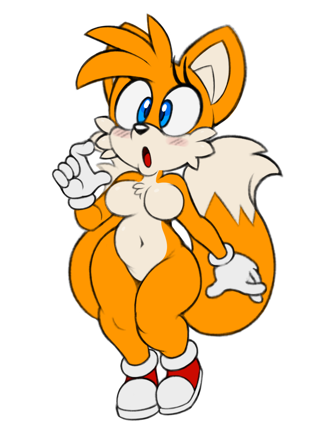 2020 2_tails acstlu anthro black_nose blue_eyes blush breasts canid canine clothing crossgender dipstick_tail featureless_breasts female footwear fox gloves handwear hi_res mammal miles_prower mtf_crossgender multi_tail multicolored_tail navel open_mouth simple_background solo sonic_the_hedgehog_(series) white_background