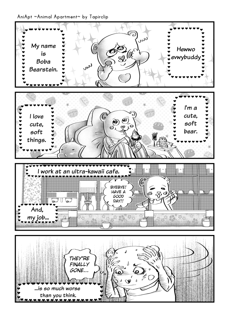 &lt;3 2020 4koma 5_fingers aniapt_(manga) anthro apron beverage boba_(character) bodily_fluids cheek_spots closed_smile clothed clothing coffee coffee_cup coffee_maker coffee_shop comic counter desert detailed_background digital_media_(artwork) eating english_text eyes_closed fingers furniture gesture greyscale hands_on_cheeks happy heart_nose holding_object inside looking_away male mammal manga monochrome narration open_mouth open_smile pajamas pastry pattern_background plushie screentone shirt simple_background sitting smile solo speech_bubble standing sweat tapirclip text thought_bubble topwear ursid uwu waving