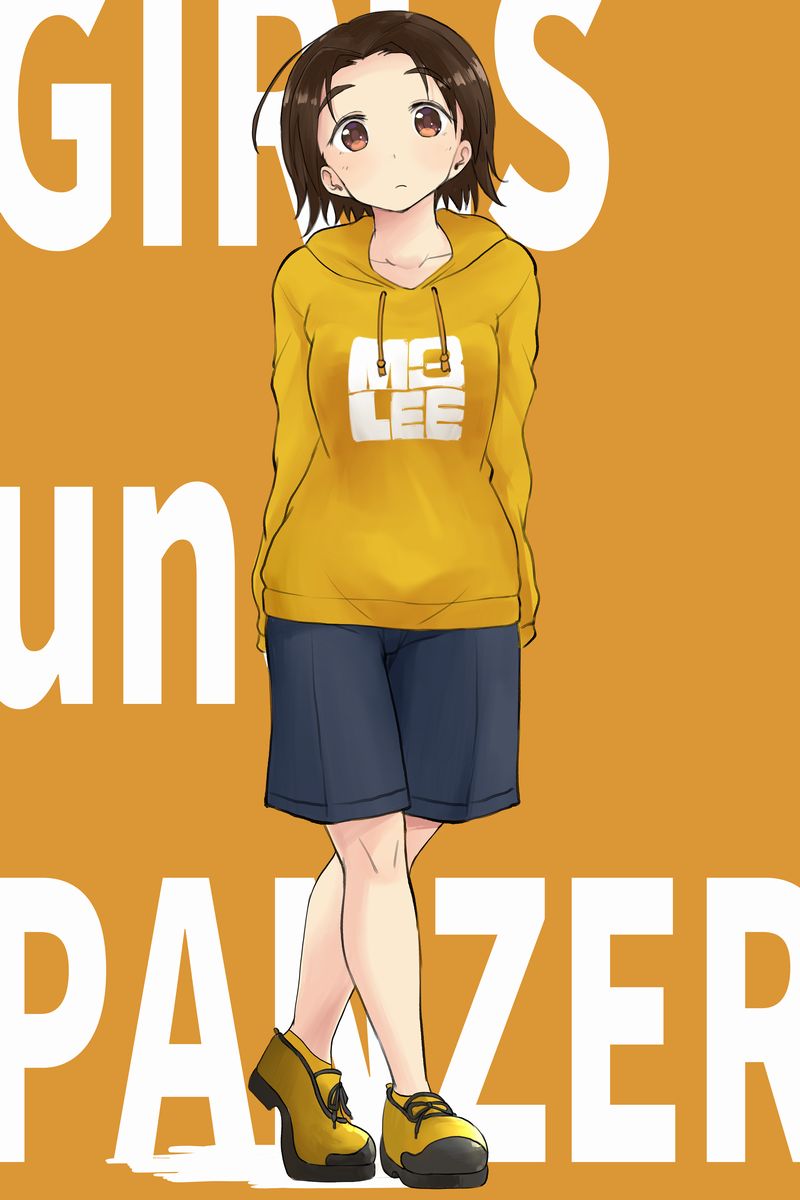 1girl arms_behind_back background_text bangs black_shorts brown_eyes brown_hair closed_mouth clothes_writing commentary copyright_request crossed_arms drawstring english_text full_body girls_und_panzer highres hood hood_down hoodie light_frown long_sleeves looking_at_viewer nana_(manaita_koumuten) no_socks orange_background orange_footwear orange_shirt orange_theme parted_bangs sawa_azusa shirt shoes short_hair shorts simple_background solo standing