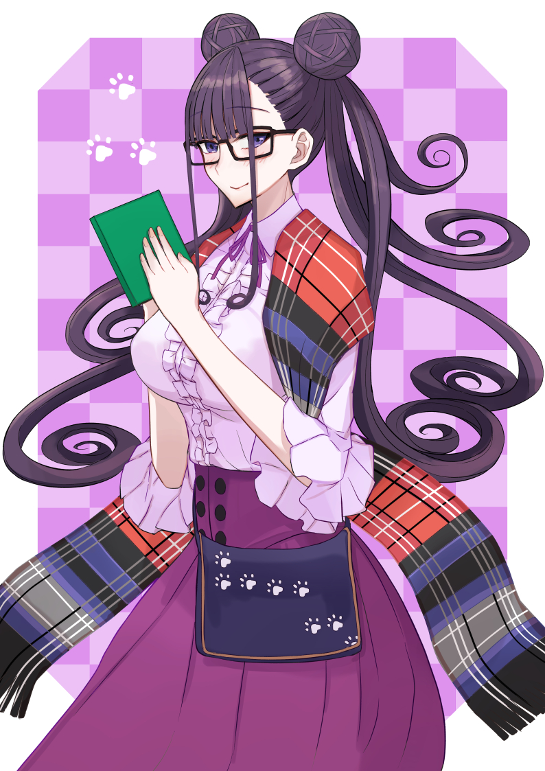 1girl blush book breasts checkered checkered_background closed_mouth double_bun fate/grand_order fate_(series) frills glasses holding holding_book kozara14 large_breasts lavender_shirt long_hair long_sleeves looking_at_viewer murasaki_shikibu_(fate) purple_background purple_eyes purple_hair purple_skirt shawl skirt smile very_long_hair