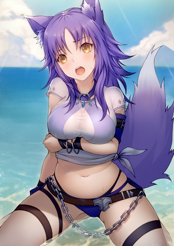 1girl animal_ear_fluff animal_ears arm_under_breasts bangs banned_artist beach belt bikini blue_sky blush bracelet breasts brown_eyes chain criss-cross_halter halterneck jewelry kyoeiki large_breasts looking_at_viewer makoto_(princess_connect!) medium_hair navel open_mouth princess_connect! princess_connect!_re:dive purple_bikini purple_hair see-through seiza shirt shore short_sleeves sidelocks sitting sky swimsuit tail thighs tied_shirt wet white_shirt wolf_ears wolf_girl wolf_tail