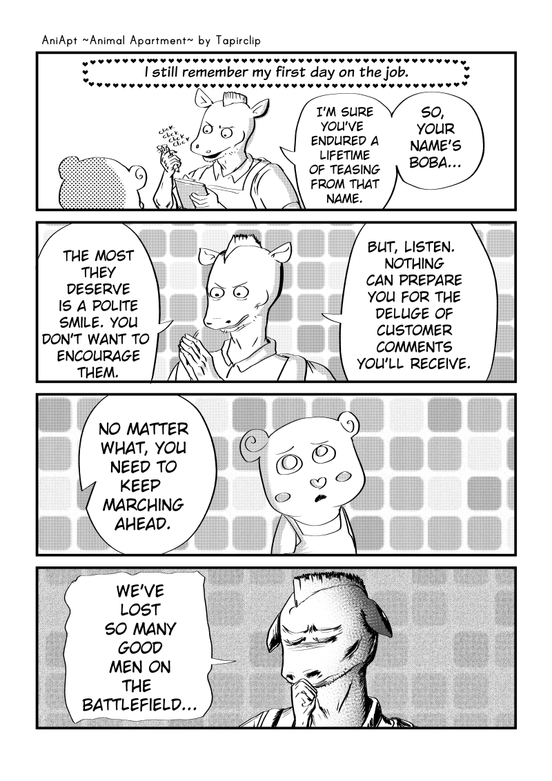&lt;3 2020 4koma 5_fingers aniapt_(manga) anthro boba_bearstein cheek_spots clothed clothing comic digital_media_(artwork) duo english_text equid equine facial_hair fingers greyscale hair heart_nose holding_object horse male mammal manga monochrome narration open_mouth pattern_background screentone simple_background speech_bubble tapirclip text text_box topwear ursid