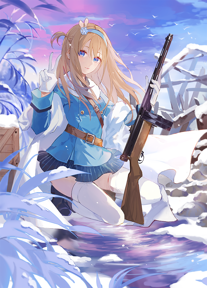 1girl animal bangs belt belt_buckle bird black_footwear blue_eyes blue_hairband blue_jacket blue_skirt blue_sky boots box brown_belt buckle closed_mouth distant double-breasted full_body fur fur_collar girls_frontline gun hair_between_eyes hair_ornament hairband holding holding_gun holding_weapon jacket long_hair long_sleeves looking_at_viewer outdoors plant satsuya sitting skirt sky smile snow solo strap striped submachine_gun suomi_kp/-31 suomi_kp31_(girls_frontline) symbol_commentary thighhighs v vertical-striped_skirt vertical_stripes weapon white_legwear wind
