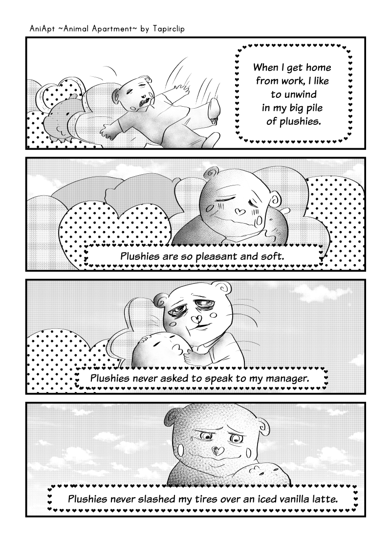 &lt;3 2020 4koma 5_fingers aniapt_(manga) anthro blush boba_bearstein bodily_fluids cheek_spots closed_smile clothed clothing comic digital_media_(artwork) english_text fingers forced_smile greyscale happy heart_nose holding_object hug male mammal manga monochrome narration open_mouth pattern_background plushie screentone simple_background solo sweat sweatdrop tapirclip text tired topwear ursid uwu