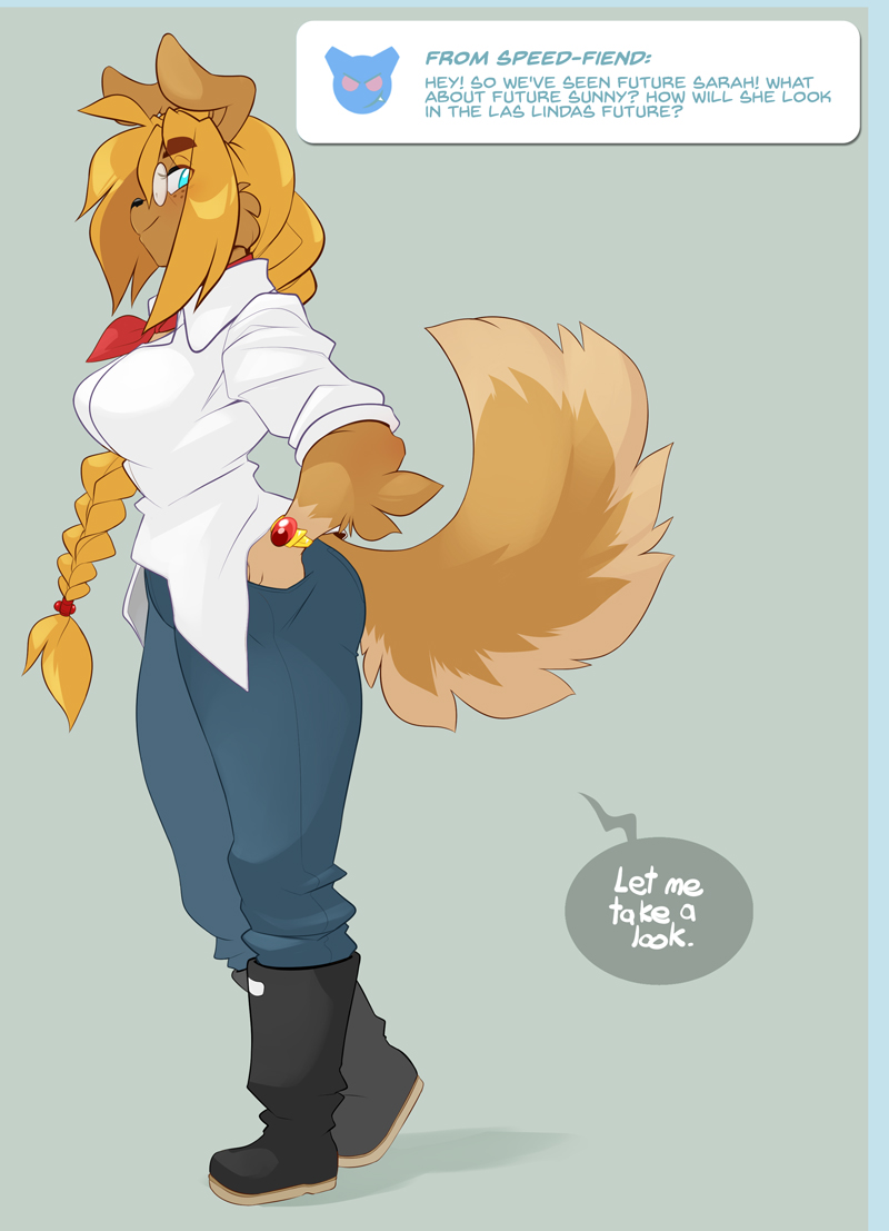 aged_up anthro blonde_hair blush bracelet braided_hair canid canine canis chalo clothed clothing dialogue domestic_dog english_text eyewear female full-length_portrait fully_clothed glasses hair jewelry looking_at_viewer mammal portrait side_view solo sunny_(chalo) text