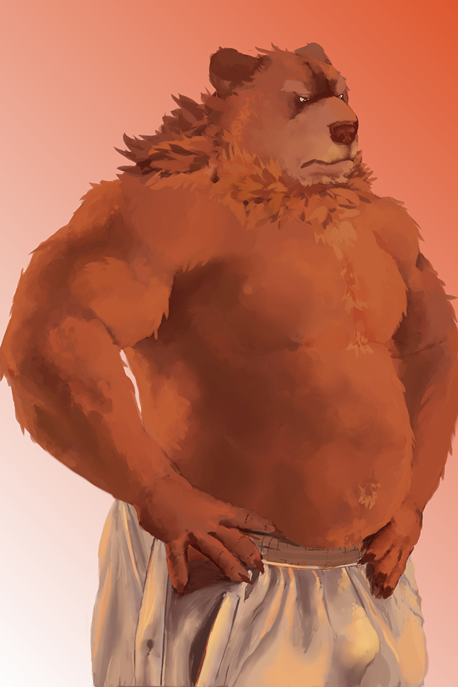 2017 anthro belly bottomwear brown_body brown_fur bulge clothing fur humanoid_hands kemono male mammal overweight overweight_male pants solo ursid velcro74656