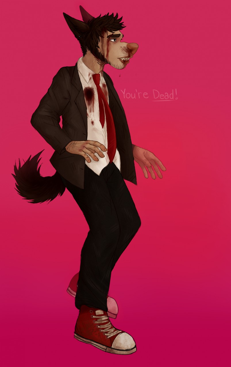anthro bleeding_from_mouth blood bodily_fluids brown_body brown_fur brown_hair canid canine canis chest_wound chubbyfurries clothing collared_shirt colored concerned converse_shoes domestic_dog dress_pants dress_shirt ear_piercing eyebrows facial_hair finished floating footwear formal_wear fur gore gradient_background hair head_wound hi_res male mammal necktie nosebleed piercing red_clothing red_footwear red_shoes scar shirt shoes sideburns simple_background solo thick_eyebrows topwear untucked_shirt wounded