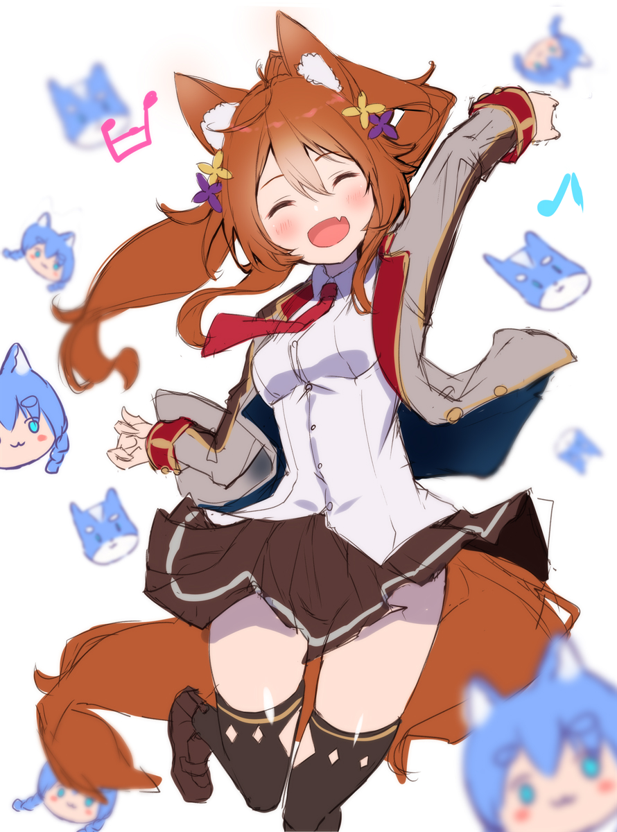 1girl :d ^_^ animal_ear_fluff animal_ears arm_up bangs beamed_sixteenth_notes black_legwear blush breasts brown_flower brown_footwear brown_hair brown_skirt character_mask closed_eyes collared_shirt dress_shirt eyebrows_visible_through_hair facing_viewer fang flower fox_ears fox_girl fox_tail fuku_kitsune_(fuku_fox) grey_jacket hair_between_eyes hair_flower hair_ornament high_ponytail highres jacket korin_(shironeko_project) koyomi_(shironeko_project) loafers long_hair long_sleeves mask musical_note open_clothes open_jacket open_mouth pleated_skirt ponytail purple_flower red_neckwear school_uniform shironeko_project shirt shoes simple_background sketch skirt small_breasts smile solo standing standing_on_one_leg tail tarou_(shironeko_project) thighhighs white_background white_shirt