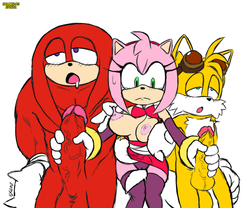 amy_rose anthro ball_size_difference balls big_penis bodily_fluids bottomwear breasts camel_toe clothing clothing_lift dj_cvdz_(artist) double_handjob drooling echidna erection excito female frown genitals glans green_eyes group handjob knuckles_the_echidna looking_pleasured male male/female mammal miles_prower monotreme nipple_fetish nipple_pinch nipple_play nipples penile penis penis_size_difference pinch pink_glans pink_nipples purple_eyes red_balls red_penis saliva sex simple_background skirt skirt_lift sonic_the_hedgehog_(series) video_games yellow_balls yellow_penis
