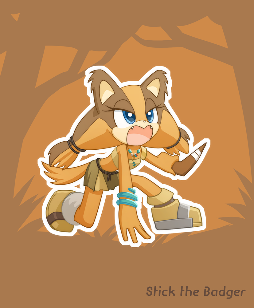 2020 angry anthro badger blue_eyes boomerang clothing english_text fangs female footwear howxu mammal mustelid musteline open_mouth solo sonic_boom sonic_the_hedgehog_(series) sticks_the_jungle_badger text video_games