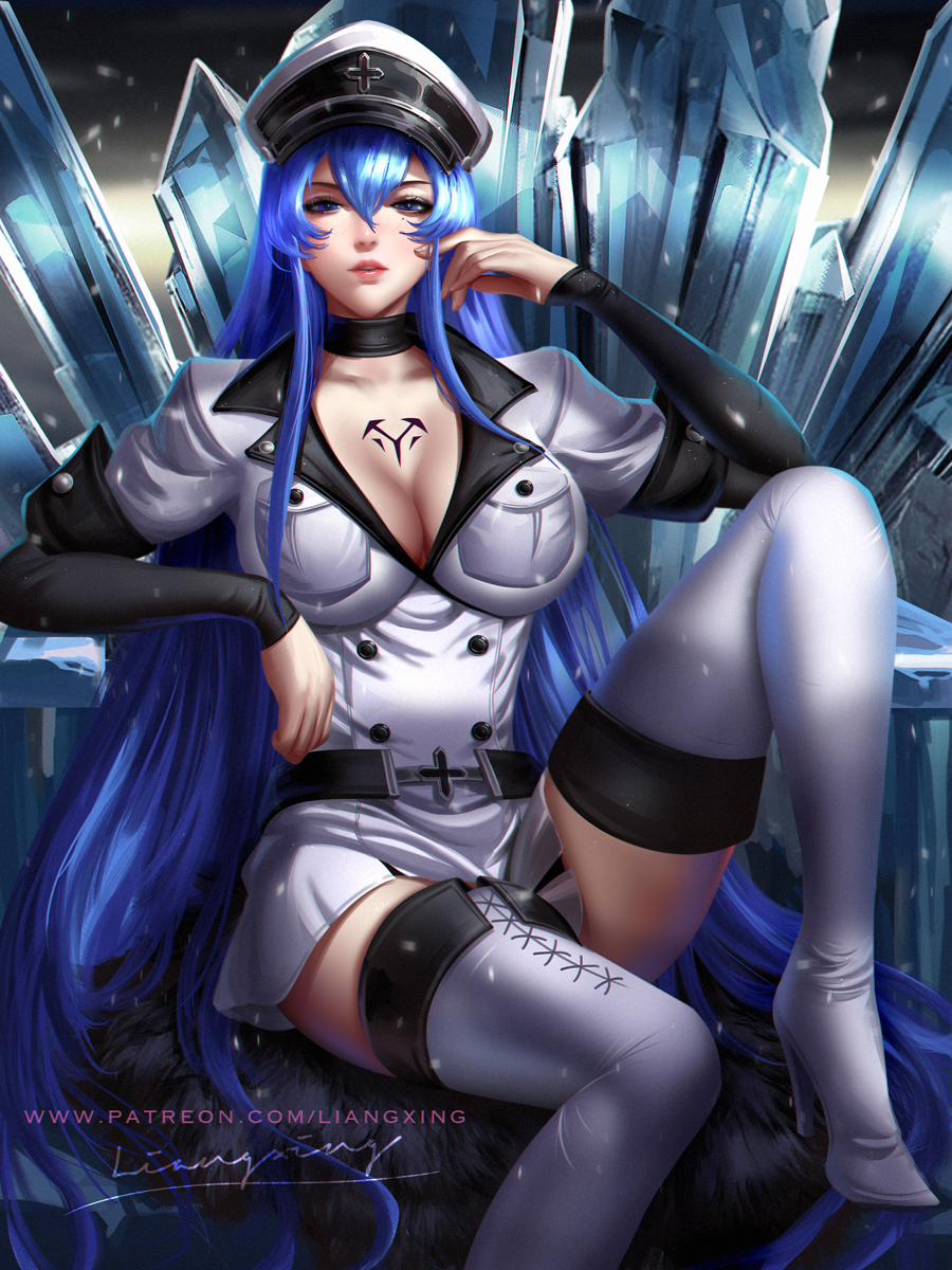 1girl akame_ga_kill! blue_eyes blue_hair boots breasts chest_tattoo choker cleavage crystal esdeath hair_between_eyes hat high_heel_boots high_heels highres large_breasts liang_xing lips long_hair looking_at_viewer military military_uniform patreon_username peaked_cap signature solo tattoo thigh_boots thighhighs uniform very_long_hair watermark web_address