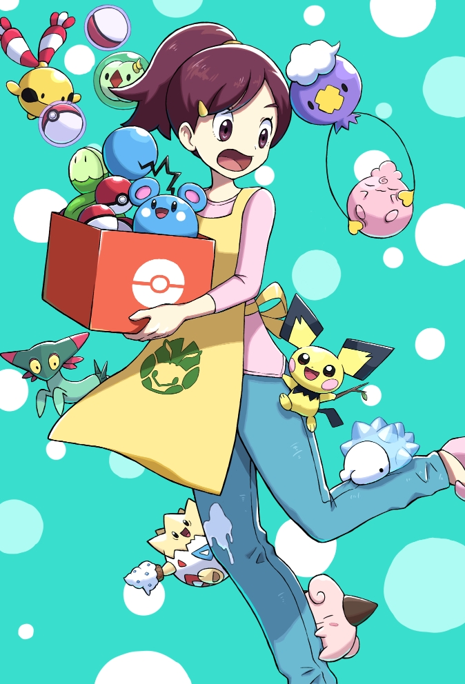 1girl apron azurill bangs blue_pants box brown_eyes brown_hair budew casteliacone chingling cleffa commentary_request deerakakikaki dreepy drifloon food_on_clothes gen_2_pokemon gen_3_pokemon gen_4_pokemon gen_5_pokemon gen_8_pokemon green_background hair_ornament hair_tie hairclip holding holding_box igglybuff looking_back nursery_aide_(pokemon) open_mouth pants pichu pink_shirt poke_ball poke_ball_(basic) poke_ball_print pokemon pokemon_(creature) pokemon_(game) pokemon_bw pokemon_on_leg ponytail shirt snom solosis tied_hair togepi tongue yellow_apron