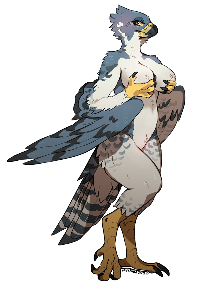 2020 alpha_channel anthro avian big_breasts bird breasts brown_eyes falcon falconid female furikake hand_on_breast nude peregrine_falcon solo standing stoop