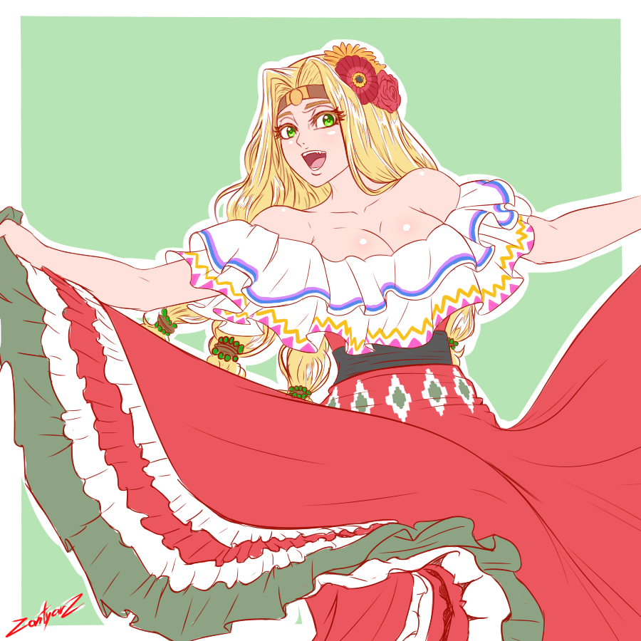 1girl :d alternate_costume bare_shoulders blonde_hair blush border brown_headband collarbone dancing dress dress_lift english_commentary fate/grand_order fate_(series) flower green_background green_eyes hair_flower hair_ornament ink_(medium) inktober long_hair looking_at_viewer mexican_dress open_mouth quetzalcoatl_(fate/grand_order) red_dress signature simple_background smile solo strapless strapless_dress traditional_media white_border zantyarz