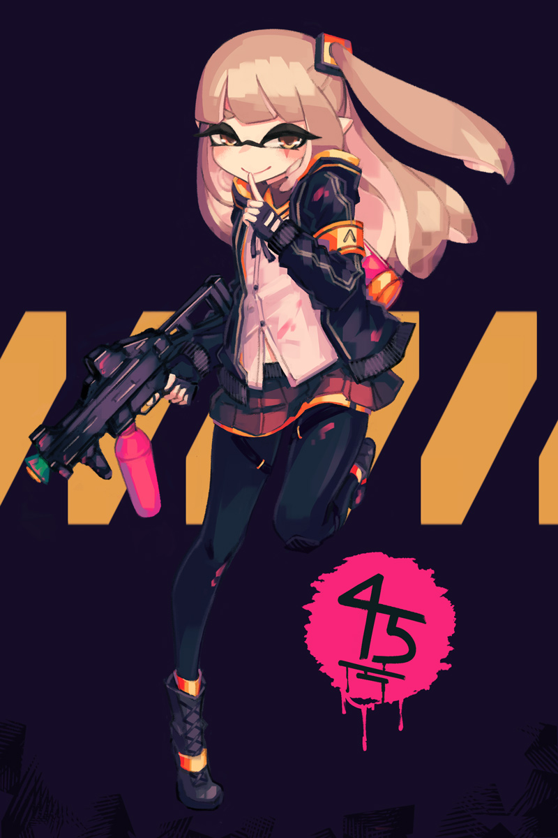 1girl allen_(makaroll) armband bangs black_footwear black_jacket black_legwear blunt_bangs boots brown_eyes brown_hair closed_mouth commentary_request dark_background eyebrows_behind_hair finger_to_mouth folded_leg full_body girls_frontline gun h&amp;k_ump45 hair_ornament hand_up highres holding holding_gun holding_weapon index_finger_raised inkling jacket long_hair looking_at_viewer miniskirt neck_ribbon number one_side_up open_clothes open_jacket paintball partial_commentary pigeon-toed pleated_skirt purple_background ribbon shirt shushing sidelocks skirt smile solo splatoon_(series) standing standing_on_one_leg tentacle_hair tiptoes ump45_(girls_frontline) untucked_shirt weapon white_shirt