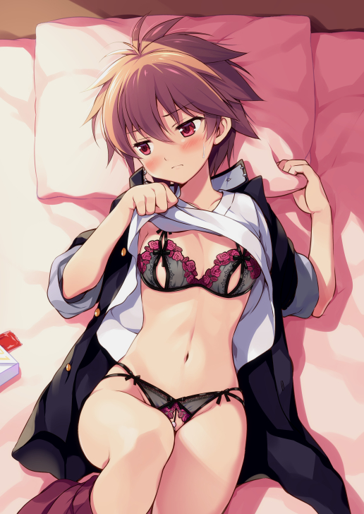 1girl bangs bed_sheet black_bra black_jacket black_panties blush bra breasts brown_hair cleavage closed_mouth commentary_request condom_wrapper crotchless crotchless_panties eguchi_sera eyebrows_visible_through_hair floral_print from_above frown groin jacket lifted_by_self lingerie long_sleeves looking_away looking_to_the_side lying medium_breasts navel odawara_hakone on_back on_bed open_clothes open_jacket panties pillow red_eyes saki saki_achiga-hen shirt shirt_lift short_hair skindentation sleeves_pushed_up solo stomach sweat underwear white_shirt