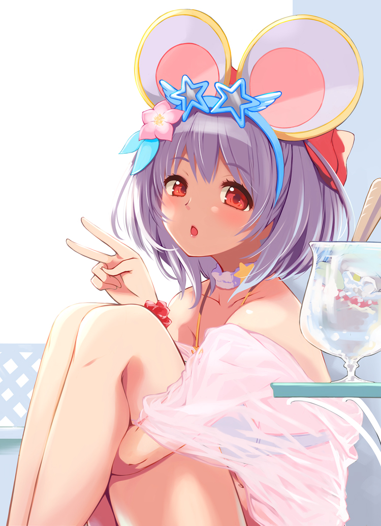 1girl :o animal_ears bare_shoulders bikini blue_bikini blue_hairband blush choker collarbone commentary_request eyebrows_visible_through_hair fake_animal_ears flower flower_bracelet food from_side granblue_fantasy hair_flower hair_ornament hairband knees_up looking_at_viewer looking_to_the_side mouse_ears off_shoulder open_mouth pink_flower purple_hair red_eyes see-through short_hair short_sleeves sitting solo star_(symbol) swimsuit v vikala_(granblue_fantasy) waffle white_choker yuu_(kfc)