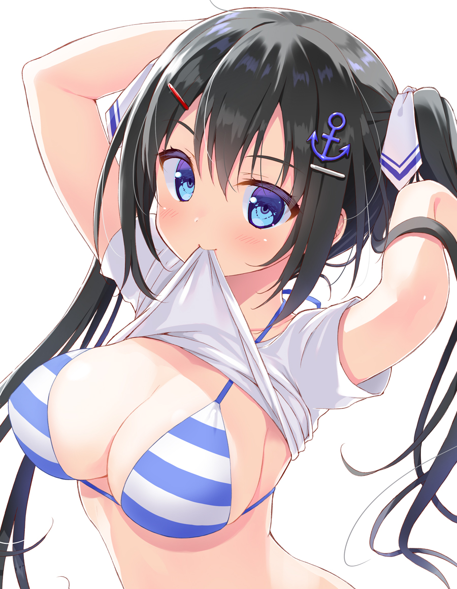 1girl anchor_hair_ornament arms_up bikini black_hair blue_eyes breasts cleavage hair_ornament hair_ribbon large_breasts long_hair looking_at_viewer mouth_hold original ribbon ryouka_(suzuya) shirt shirt_lift simple_background solo striped striped_bikini swimsuit twintails upper_body white_background white_shirt