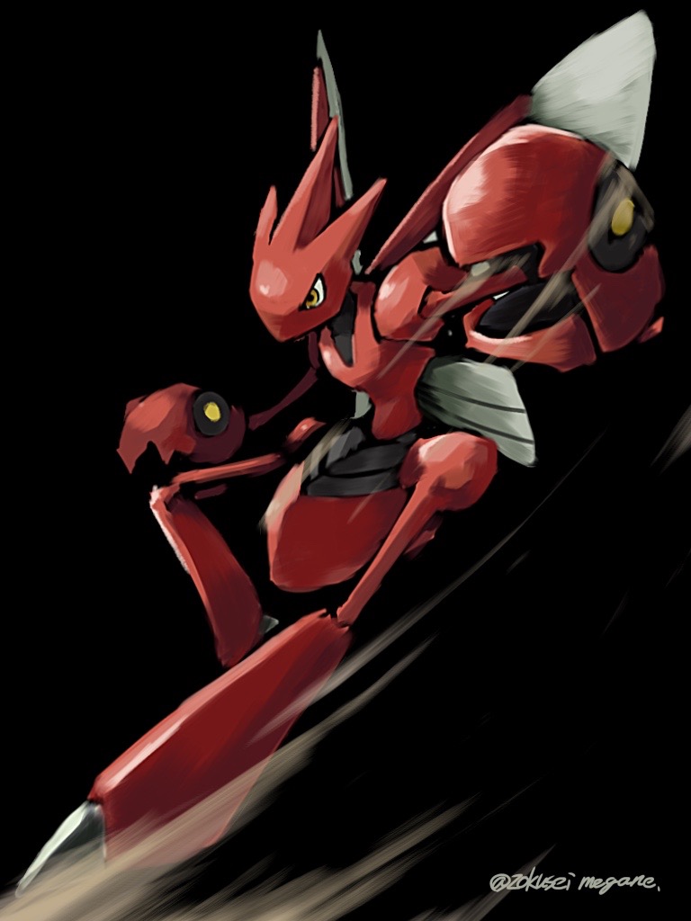 artist_name black_background commentary_request gen_2_pokemon horns no_humans pincers pokemon pokemon_(creature) scizor solo wings yellow_eyes zokune