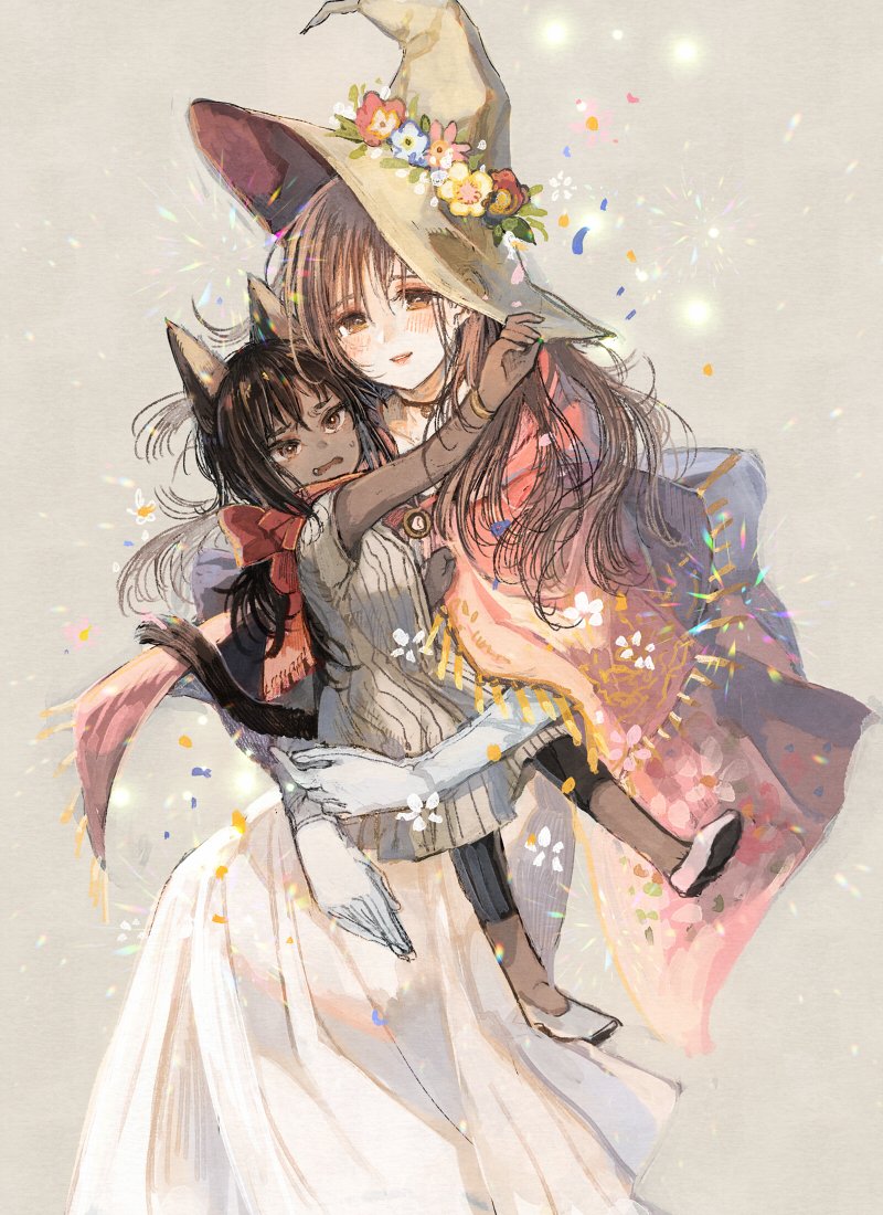 2girls age_difference animal_ears black_hair bracelet brown_eyes brown_hair cape child dress elbow_gloves fang flower gloves hat hat_flower holding_another itou_hachi jewelry leggings long_hair multiple_girls necklace original outstretched_arm red_scarf scarf tail white_dress white_gloves witch_hat
