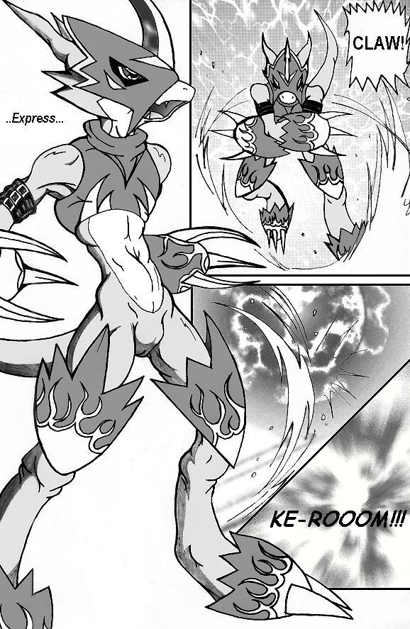 animal_humanoid anthro armor battle battle_armor battle_cry battle_helmet belly boom bulg claws clothed clothing comic comic_page comic_panel digimon digimon_(species) dragon energy_ball english_text explosion featureless_crotch fighting_pose flamedramon humanoid looking_at_viewer machine male open_mouth pose power_armor simple_background solo sound_effects text white_belly white_body white_skin