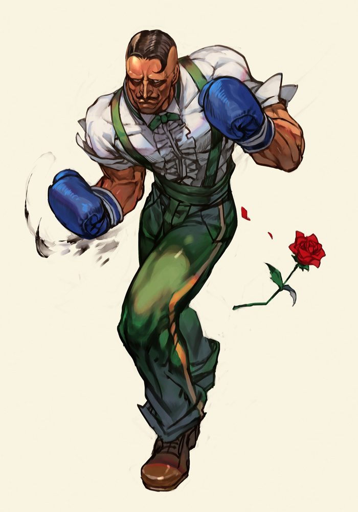 1boy black_hair bow bowtie boxing boxing_gloves brown_footwear dark_skin dark_skinned_male dress_shirt dudley facial_hair fighting_stance flower full_body green_legwear hankuri male_focus muscle mustache pants red_flower rose shirt shoes sleeves_rolled_up solo street_fighter street_fighter_iii_(series) suspenders