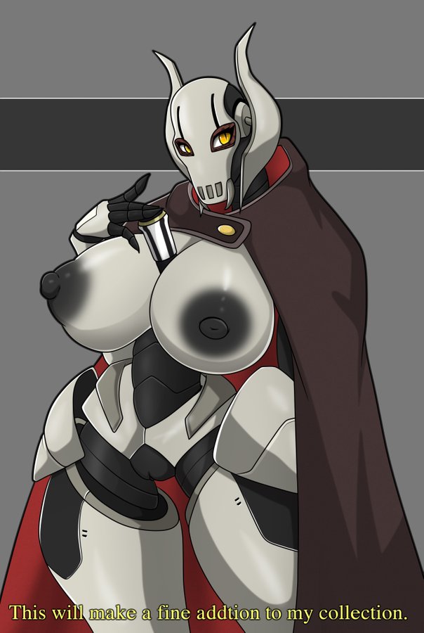alien ambiguous_gender areola armor big_breasts breasts cape clothed clothing crossgender cybernetics cyborg digital_media_(artwork) female general_grievous genitals huge_breasts humanoid kaleesh looking_at_viewer machine mammal melee_weapon nipples not_furry pussy simple_background solo star_wars text video_games weapon yellow_eyes zzvinniezz