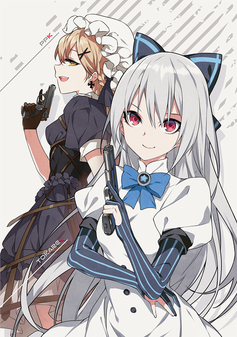 2girls arm_across_chest black_dress black_gloves black_ribbon blue_ribbon bow brooch character_name closed_mouth corset dress earrings elbow_gloves frilled_dress frills girls_frontline gloves gun hair_ornament handgun hat holding holding_gun holding_weapon hoop_skirt iron_cross jewelry juliet_sleeves light_brown_eyes light_brown_hair long_hair long_sleeves mob_cap multiple_girls open_mouth partly_fingerless_gloves pistol ppk_(girls_frontline) puffy_short_sleeves puffy_sleeves red_eyes ress ribbon short_sleeves silver_hair smile tokarev_(girls_frontline) tokarev_tt-33 trigger_discipline vertical-striped_gloves walther walther_ppk weapon x_hair_ornament