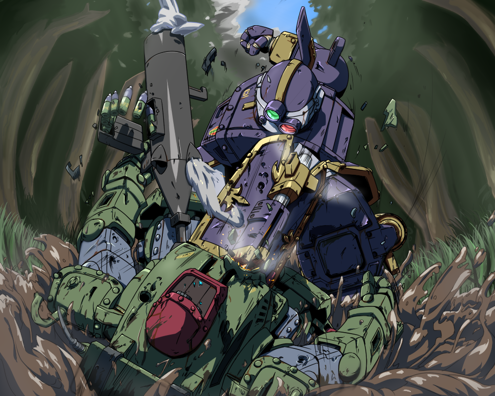 berserga bullet clenched_hand damaged fighting forest hihachi looking_down mecha mud nature no_humans open_hand pile_bunker soukou_kihei_votoms standing_tortoise