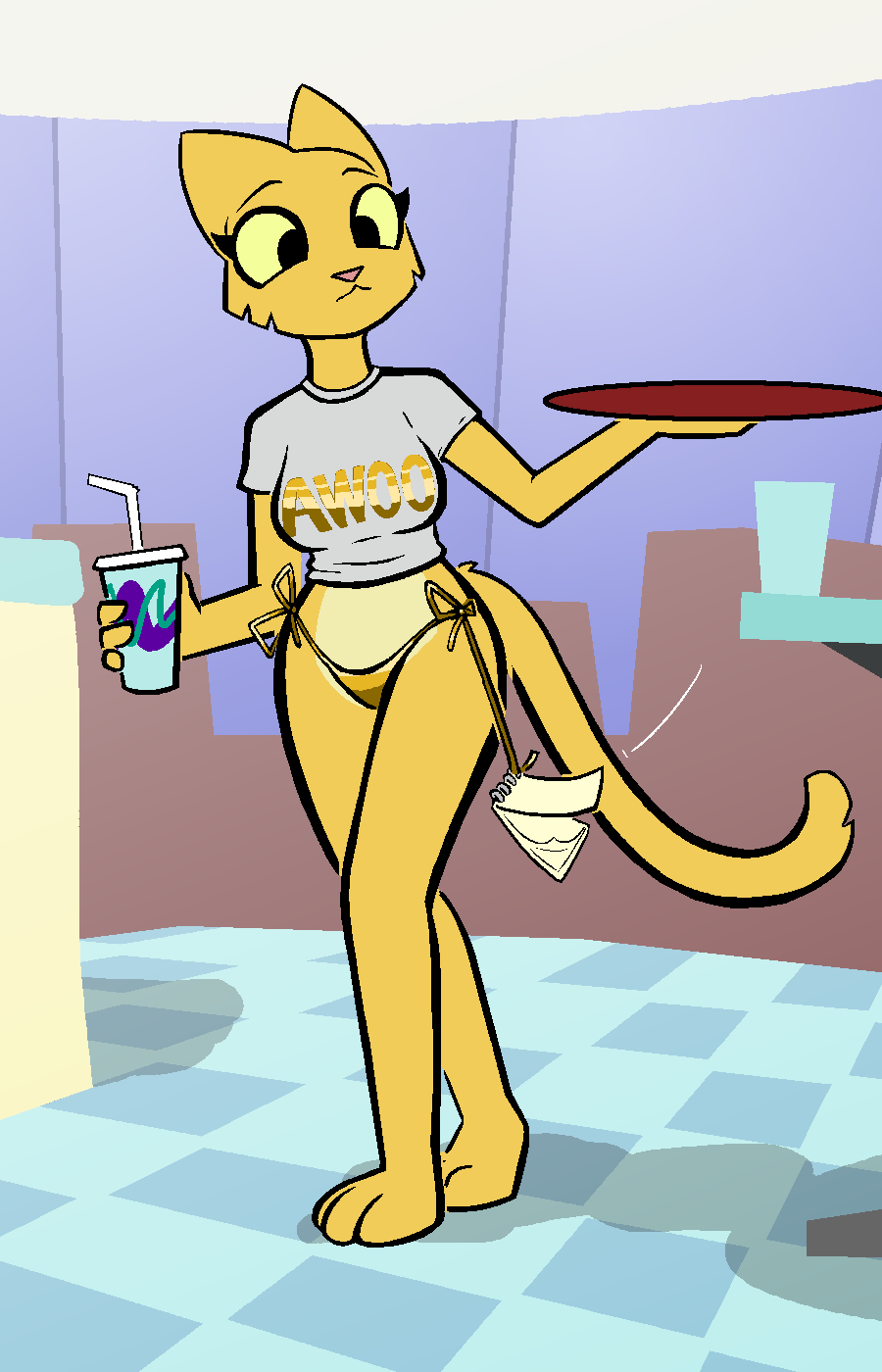 2020 9:14 anthro aygee barefoot bethesda_softworks beverage bikini bikini_bottom clothing felid female hi_res inside katia_managan khajiit mammal prequel shirt solo standing swimwear the_elder_scrolls topwear video_games webcomic yellow_body