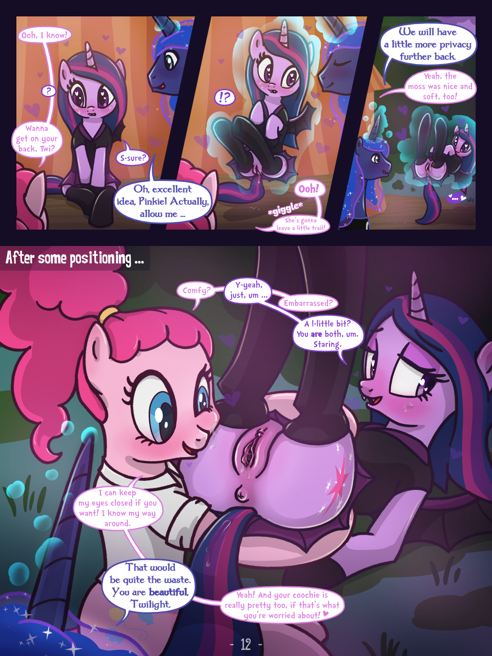 &lt;3 &lt;3_eyes 3:4 ?! alternate_species anthro anthrofied anus bat_pony blue_eyes blush bodily_fluids clitoris clothed clothed_feral clothing comic cosmic_hair dialogue earth_pony embarrassed english_text equid equine ethereal_hair female female/female feral friendship_is_magic genital_fluids genitals hasbro hi_res horse legs_up legwear magic mammal my_little_pony night outside pinkie_pie_(mlp) pony princess_luna_(mlp) pseudo_hair purple_eyes pussy pussy_juice syoee_b telekinesis text thigh_highs twilight_sparkle_(mlp)