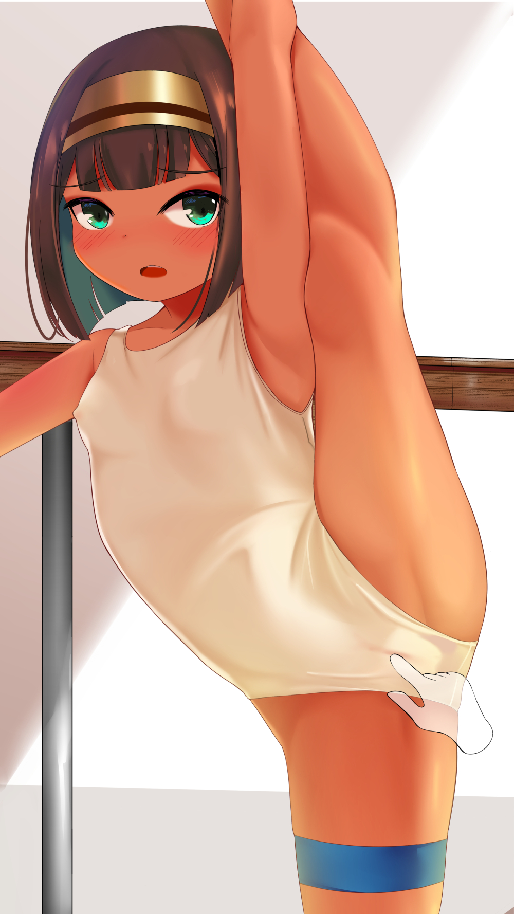 1girl arm_up armpits bangs bare_shoulders blush breasts brown_hair brown_hairband covered_nipples dark_skin disembodied_limb eyebrows_visible_through_hair green_eyes hairband highres leg_up leotard looking_at_viewer open_mouth original poking_pussy small_breasts solo split standing standing_on_one_leg standing_split thigh_strap toy_box-r upper_teeth white_leotard