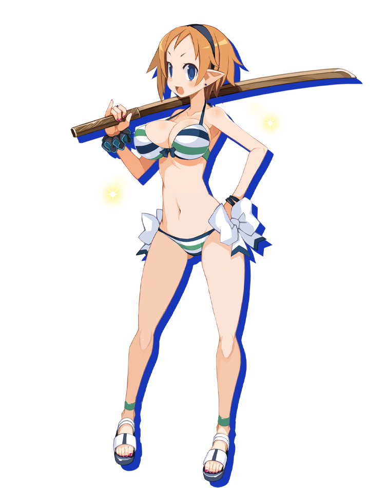 1girl anklet bikini blue_eyes bow bow_bikini bracelet breasts carrying_over_shoulder disgaea disgaea_rpg drop_shadow earrings full_body hairband halter_top halterneck hand_on_hip holding holding_sword holding_weapon jewelry large_breasts light_brown_hair magic_knight_(disgaea) nail_polish navel official_art open_mouth pointy_ears sandals scrunchie shinai short_hair solo sparkle standing striped striped_bikini stud_earrings swimsuit sword toenail_polish transparent_background weapon wrist_scrunchie