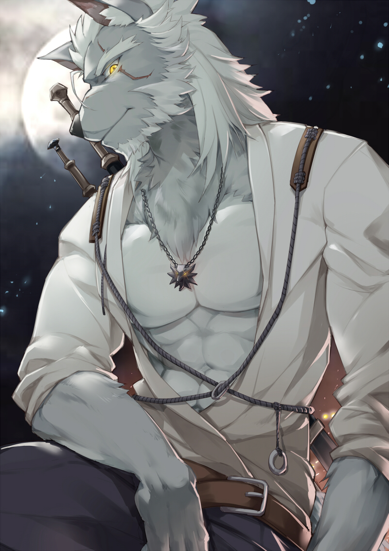 2020 abs alternate_species anthro beard canid canine canis clothed clothing eye_scar facial_hair fur furrification geralt_of_rivia grey_body grey_fur hair jewelry male mammal moon muscular muscular_male necklace night open_shirt pecs scar shirt sky so-jun solo star the_witcher topwear white_hair wolf yellow_eyes