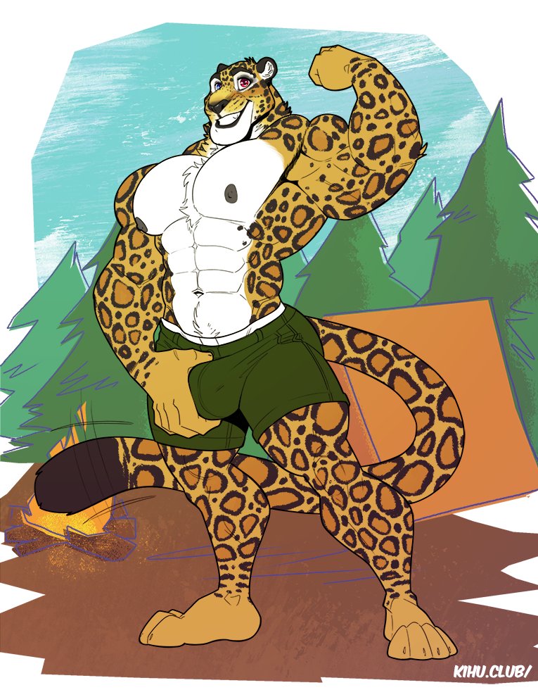 2020 abs anthro barazoku belly_tuft biceps big_muscles bonfire bottomwear bulge camping chest_tuft clothed clothing felid flexing hand_on_bulge hand_on_crotch heterochromia huge_biceps huge_muscles huge_pecs kihu leopard male mammal muscular muscular_anthro muscular_male navel nipples obliques outside pantherine pecs shorts smile solo standing tent topless topless_male tuft