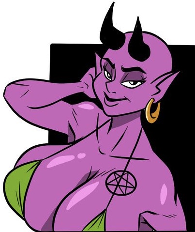 bald big_breasts black_eyes bra breasts clothing demon erect_nipples female golden_earrings hand_behind_head horn humanoid humanoid_pointy_ears low_res nipples pink_body pink_skin smile solo underwear wappah