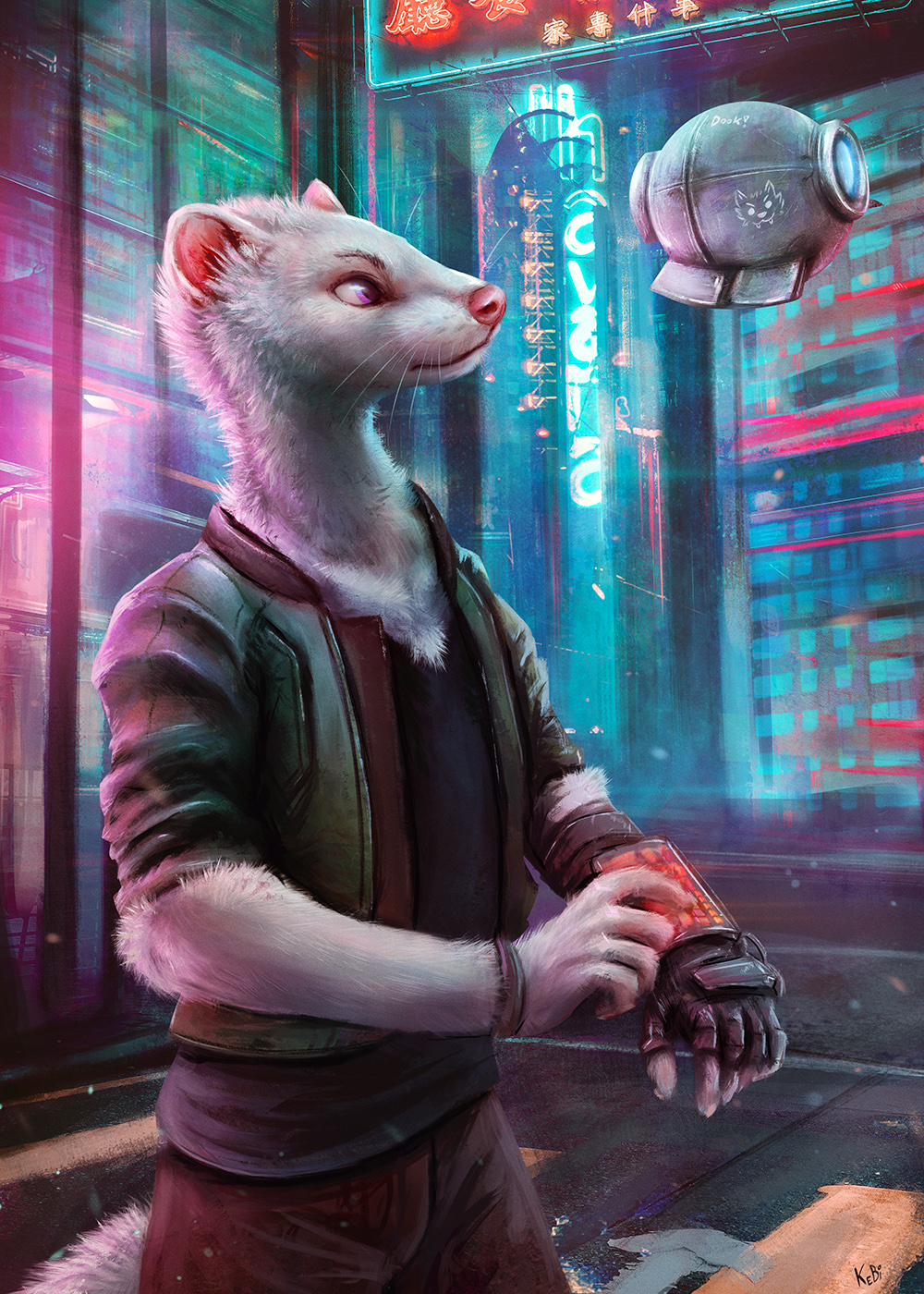 2020 anthro building city clothed clothing detailed detailed_background fully_clothed fur hi_res kebi light lighting mammal mustelid outside pink_nose science_fiction solo standing whiskers white_body white_fur