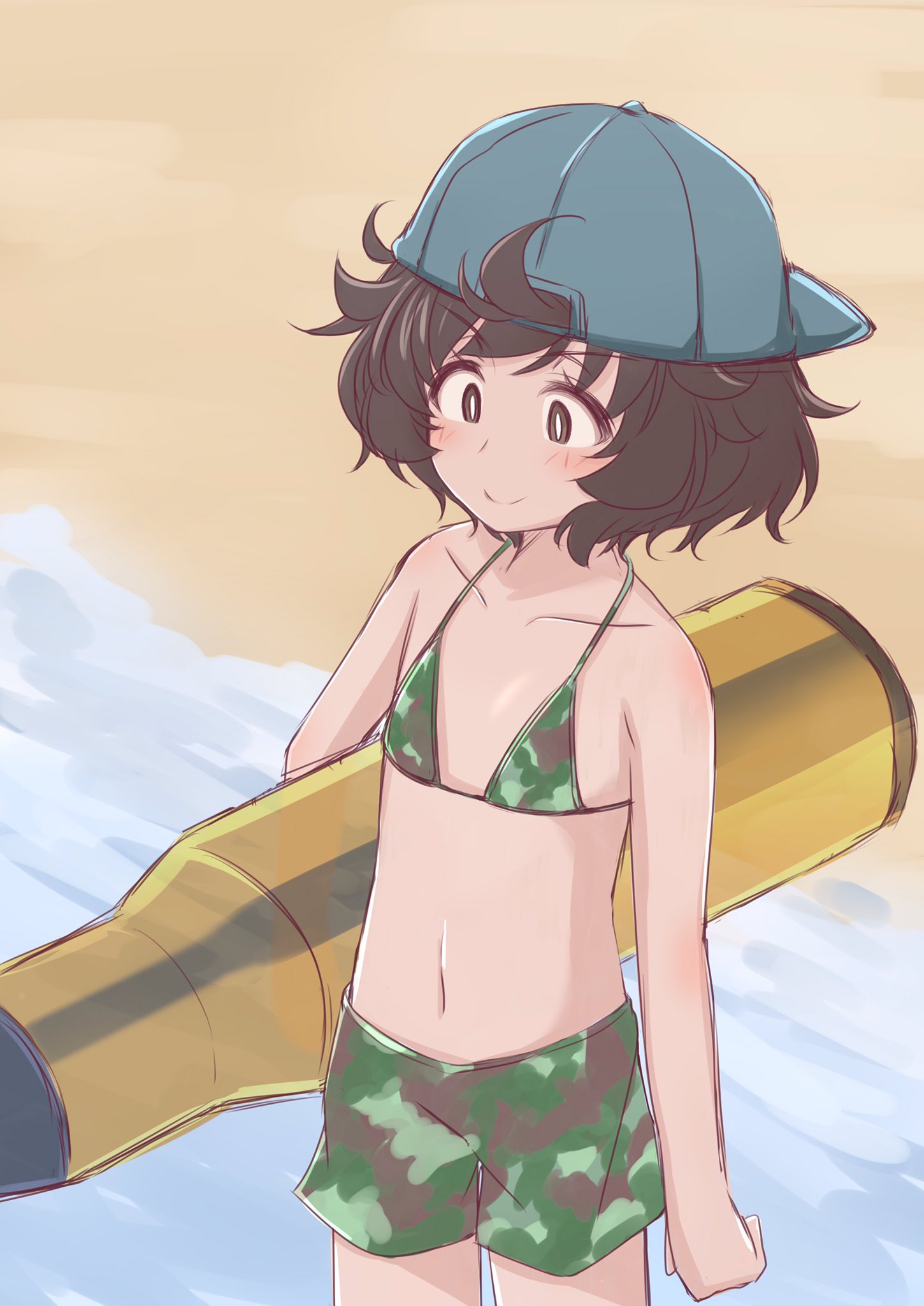 1girl akiyama_yukari backwards_hat bangs baseball_cap beach bikini bikini_shorts blue_headwear brown_eyes brown_hair camouflage camouflage_bikini closed_mouth commentary eyebrows_visible_through_hair flat_chest girls_und_panzer hat hazuki_haru highres holding inflatable_toy messy_hair navel short_hair shorts smile solo standing swimsuit tank_shell