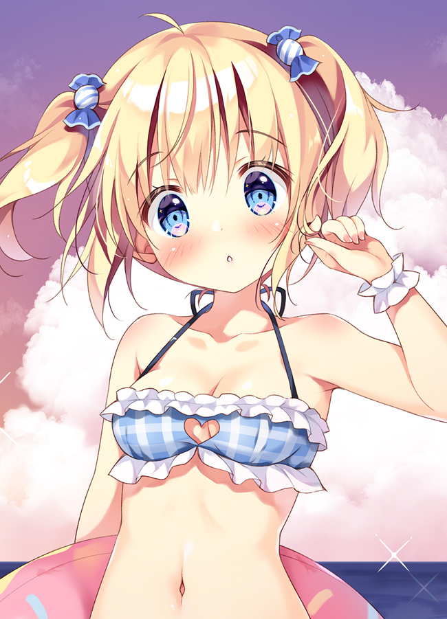 1girl :o ahoge bare_shoulders bikini bikini_top blonde_hair blue_bikini blue_eyes blush breasts candy_hair_ornament cleavage cleavage_cutout cloud cloudy_sky collarbone commentary_request food_themed_hair_ornament hair_ornament hair_tousle halter_top halterneck heart_cutout horizon innertube looking_at_viewer medium_breasts navel ocean original outdoors pan_(mimi) parted_lips plaid plaid_bikini short_hair sky solo sparkle sunset swimsuit ten-chan_(pan_(mimi)) two_side_up upper_body wrist_cuffs