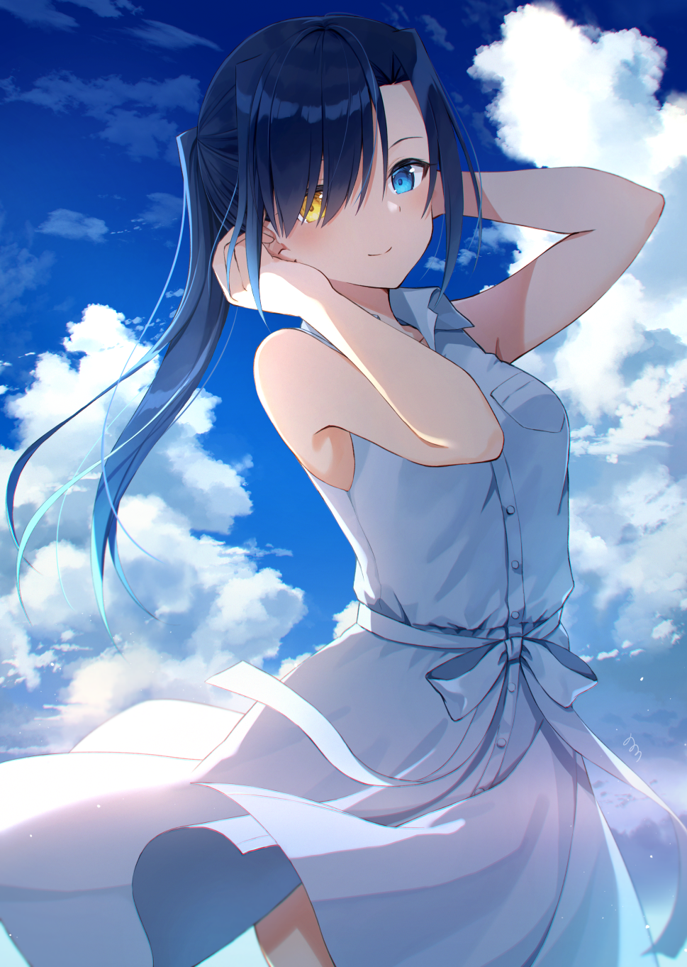 1girl arms_up bare_arms bare_shoulders black_hair blue_eyes blush breast_pocket closed_mouth cloud cloudy_sky collared_dress commentary_request cowboy_shot day dress hair_over_one_eye hands_in_hair heterochromia highres long_hair looking_at_viewer nonono original outdoors pocket ribbon side_ponytail sky sleeveless sleeveless_dress smile solo white_dress white_ribbon yellow_eyes